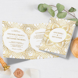 Weiß-goldenes ethnisches Mandala indische Hochzeit Einladung