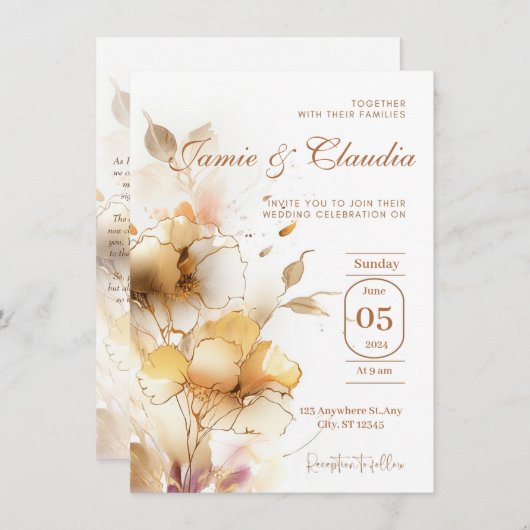 Weiß goldfarbene Automobil-Blume Einladung (Vorne/Hinten)