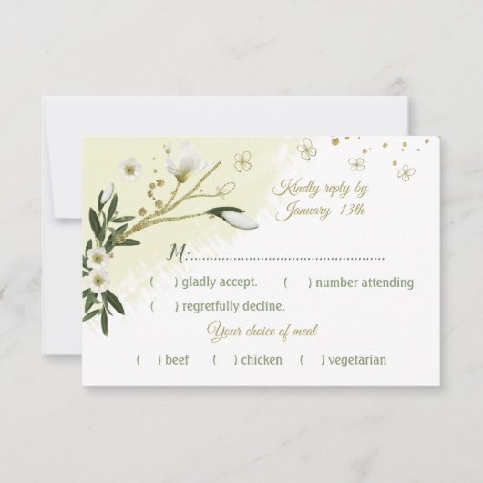 Weiß & goldfarbene Blume, grüne Blätter - Auswahl RSVP Karte (Vorderseite)