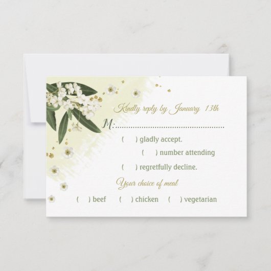Weiß & goldfarbene Blume, grüne Blätter - Auswahl RSVP Karte (Vorderseite)