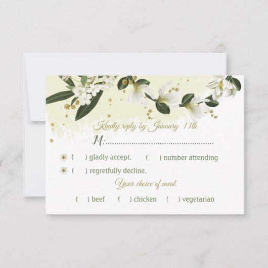 Weiß & goldfarbene Blume, grüne Blätter - Auswahl RSVP Karte (Vorderseite)