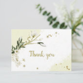 Weiß & goldfarbene Blume Grüne Blätter botanisch Dankeskarte (Stehend Vorderseite)