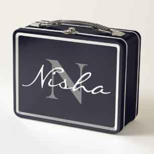 Weiß Grau Monogramm Name Metall Brotdose