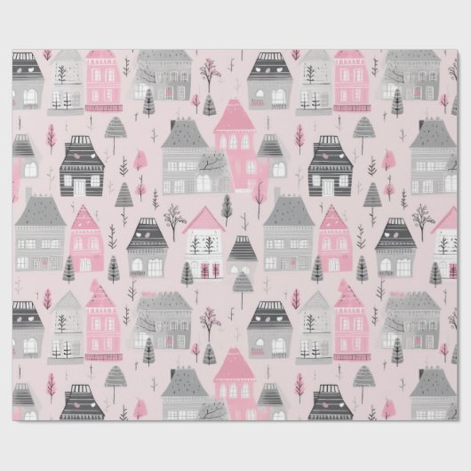 Weiß graue Weihnachtshäuser auf Rosa Geschenkpapier (Flach)