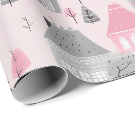 Weiß graue Weihnachtshäuser auf Rosa Geschenkpapier (Rolleneckpunkt)