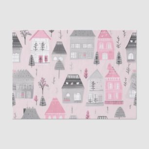 Weiß graue Weihnachtshäuser auf Rosa Seidenpapier