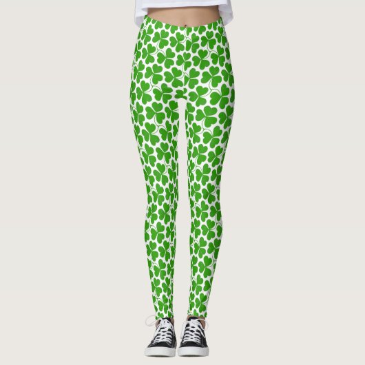 Weiß & grün St Patrick's Day Kleeblatt Muster Leggings (Vorderseite)