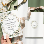 Weiß Grüne Florale Goldene Geometrische Hochzeit Einladung