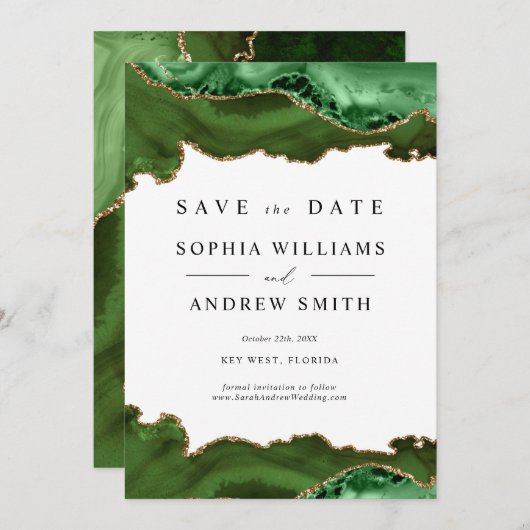 Weiß & Grüne Gold Save the Date Einladung (Vorne/Hinten)