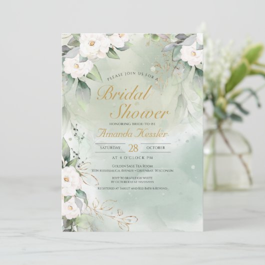 Weiß-grünes Brautparty mit weißer Blume Einladung (Stehend Vorderseite)
