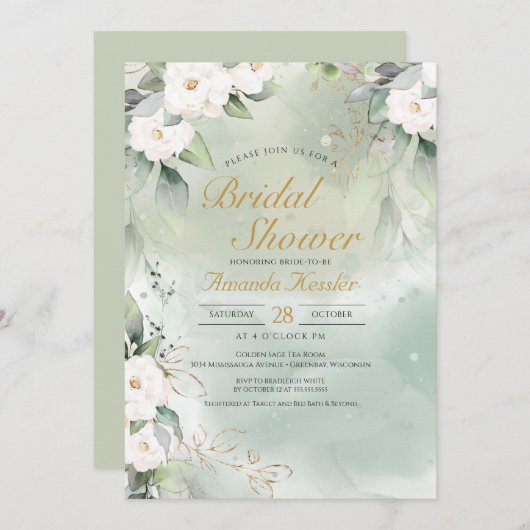 Weiß-grünes Brautparty mit weißer Blume Einladung (Vorne/Hinten)