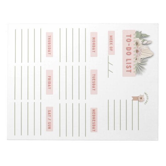 Weiß grünes Rosa Floral Boho Weekly Planner Seiten Notizblock (Vorderseite)