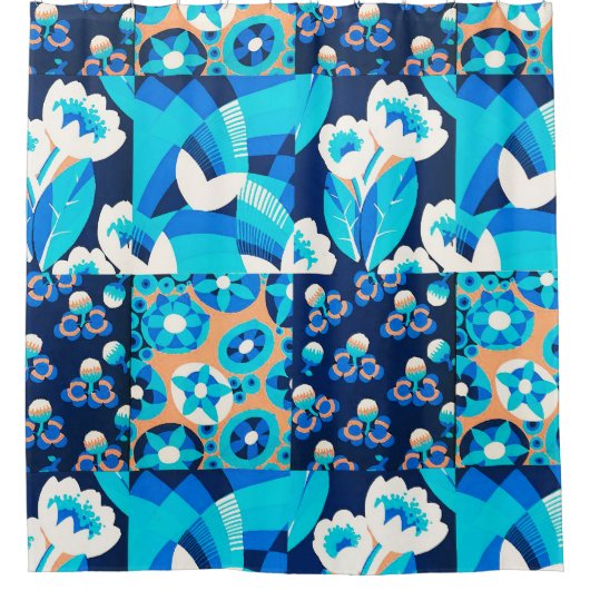 WEISS HAWAII BLUE BLUES BOLD FLORAL PATCHWORT DUSCHVORHANG (Vorderseite)