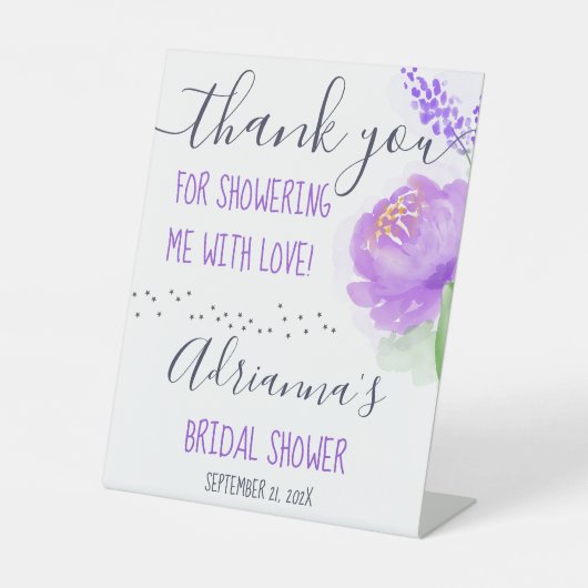 Weiß/Lila Blume Danke Brautparty Sockelschild (Vorderseite)