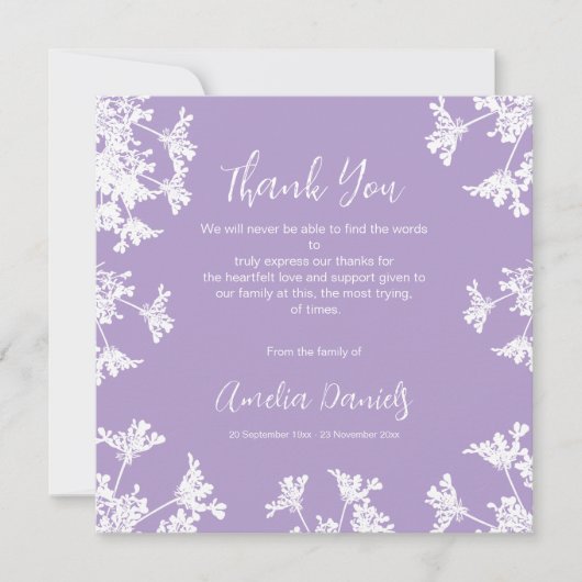 Weiß & lila Wildblume Beerdigung Danke Karte (Vorderseite)