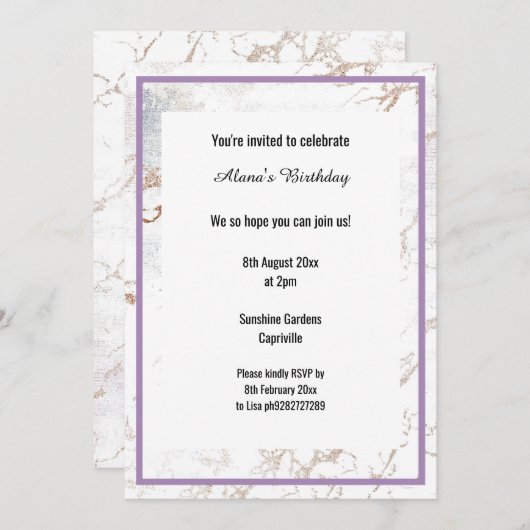 WEISS MARBLE LILAC LILA DIN TRIM GEBURTSTAG EINLADUNG (Vorne/Hinten)