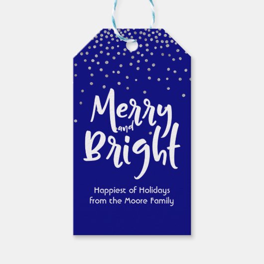 Weiß Merry und hell mit Navy & Silver Confetti Geschenkanhänger (Vorderseite)