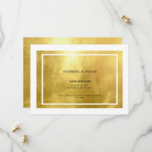 Weiß & Metallic Gold Save The Date (Vorderseite/Rückseite Beispiel)