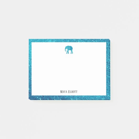 Weiß mit Aquamarinem Glitzer Elephant & Border mit Post-it Klebezettel (Vorderseite)