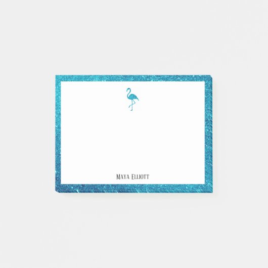 Weiß mit Aquamarinem Glitzer Flamingo & Border mit Post-it Klebezettel (Vorderseite)