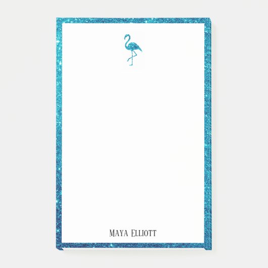 Weiß mit Aquamarinem Glitzer Flamingo & Border mit Post-it Klebezettel (Vorderseite)