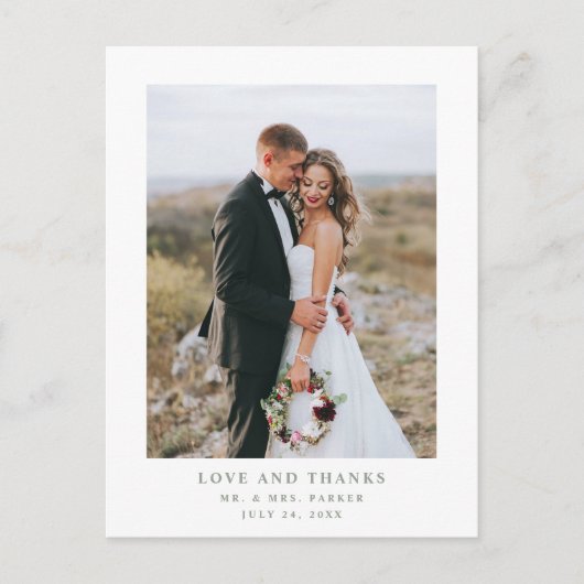 Weiß mit Bildtext und Foto | Hochzeit Danke Postkarte (Vorderseite)