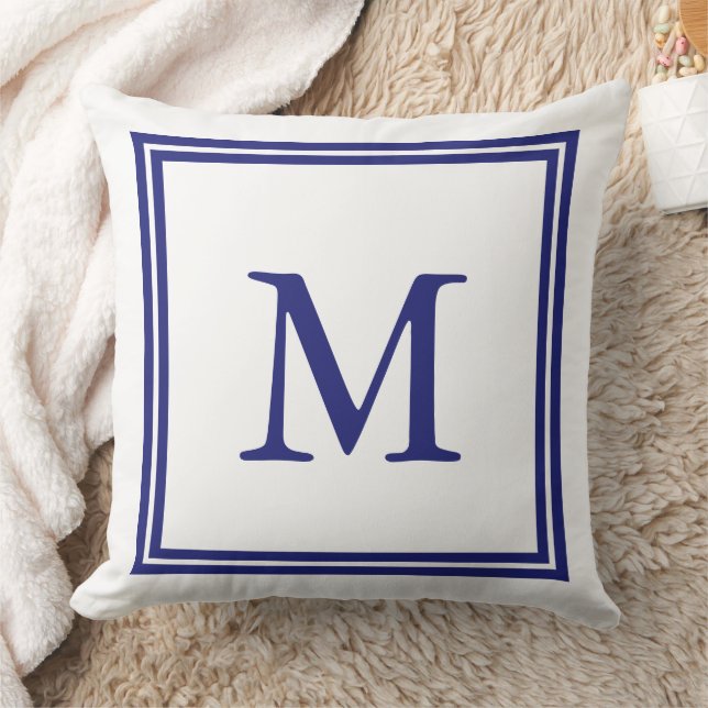 Weiß mit blauem doppelter Rahmen-nautischmonogramm Kissen (Decke)