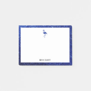 Weiß mit blauem Glitzer Flamingo & Border mit Nam Post-it Klebezettel