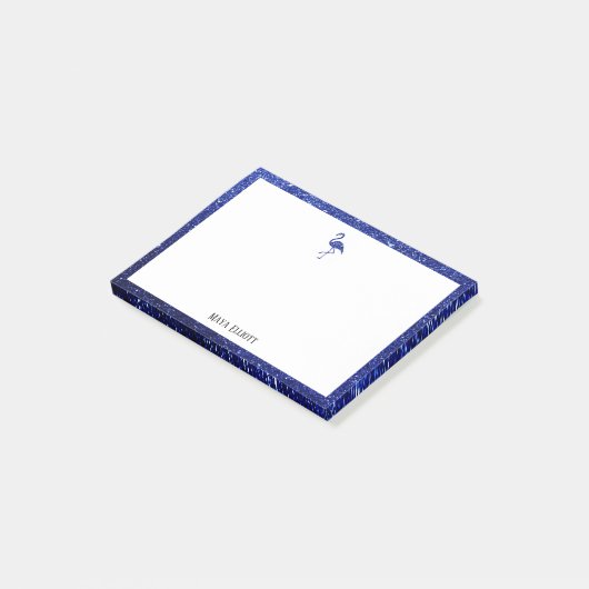 Weiß mit blauem Glitzer Flamingo & Border mit Name Post-it Klebezettel (angewinkelt)