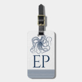 Weiß mit blauem Oktopus und Streifen Gepäckanhänger (Vorderseite vertikal)