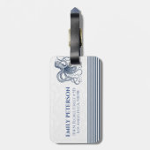 Weiß mit blauem Oktopus und Streifen Gepäckanhänger (Rückseite vertikal)