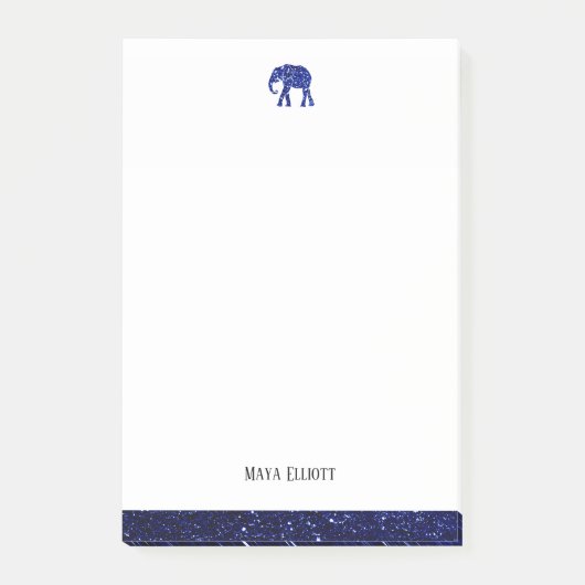 Weiß mit blauen Imitaten Glitzer Elephant & Border Post-it Klebezettel (Vorderseite)