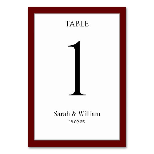 Weiß mit Burgund-Rot-Grenz-Hochzeit Tischnummer (Rückseite)