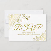 Weiß mit elegantem Gold Lace Frilly Wedding RSVP Karte (Vorderseite)