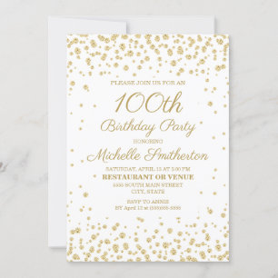 Weiß mit Gold Glitter 100. Geburtstagsfeier Einladung