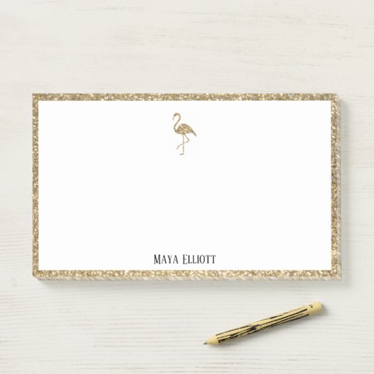 Weiß mit Gold Glitzer Flamingo & Border + Name Post-it Klebezettel (Auf Schreibtisch)