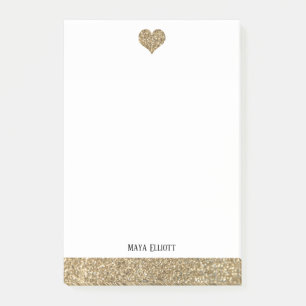 Weiß mit Gold Imitate Glitzer Herz und Grenze Post-it Klebezettel