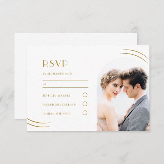 Weiß mit Golden Wisps Foto Hochzeit RSVP Karte (Vorne/Hinten)