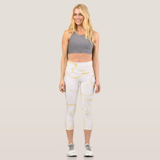 Weiß mit goldfarbenem Marmormuster Capri Leggings