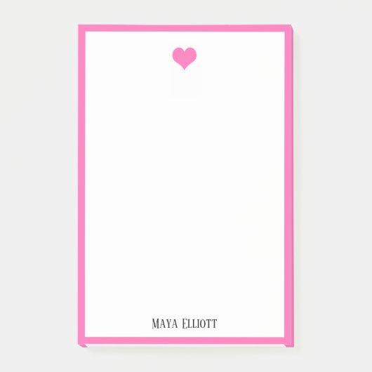 Weiß mit/hell rosa Herz und Grenze + Name Post-it Klebezettel (Vorderseite)