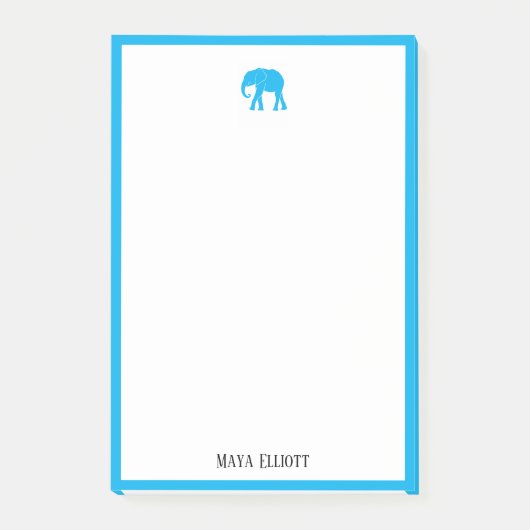 Weiß mit/hell Sky Blue Elephant & Border + Name Post-it Klebezettel (Vorderseite)