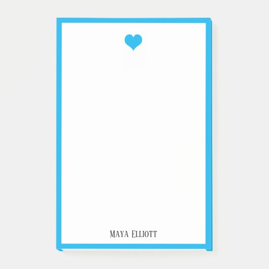 Weiß mit/hell Sky Blue Herz & Grenze + Name Post-it Klebezettel (Vorderseite)