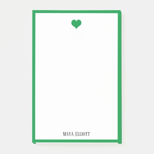 Weiß mit/hellgrünes Herz und Grenze + Name Post-it Klebezettel (Vorderseite)