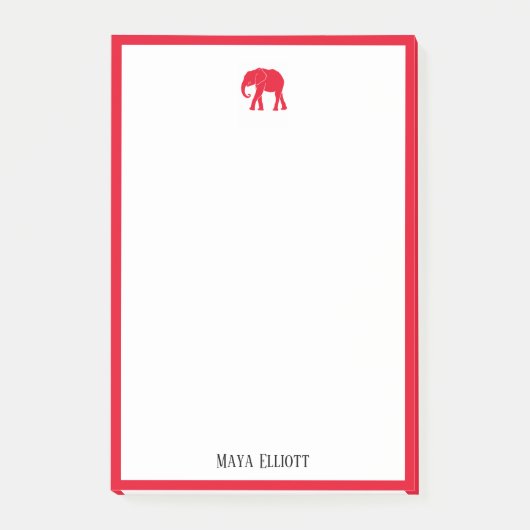 Weiß mit/hellroter Elefant & Grenze + Name Post-it Klebezettel (Vorderseite)