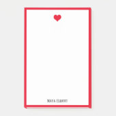 Weiß mit/hellrotes Herz & Border + Name Post-it Klebezettel (Vorderseite)