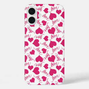 WEISS MIT HOT PINK VALENTINE LIEBE HERZEN iPhone 16 PLUS HÜLLE