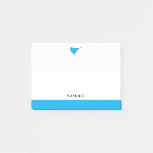 Weiß mit Little Sky Blue Bird & Border + Name Post-it Klebezettel (Vorderseite)