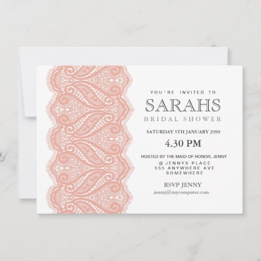 Weiß mit Peach Lace Brautparty Party Einladung (Vorderseite)