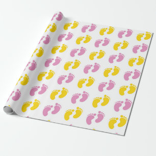 WEISS MIT PINK & GELBE BABY FEET GESCHENKPAPIER