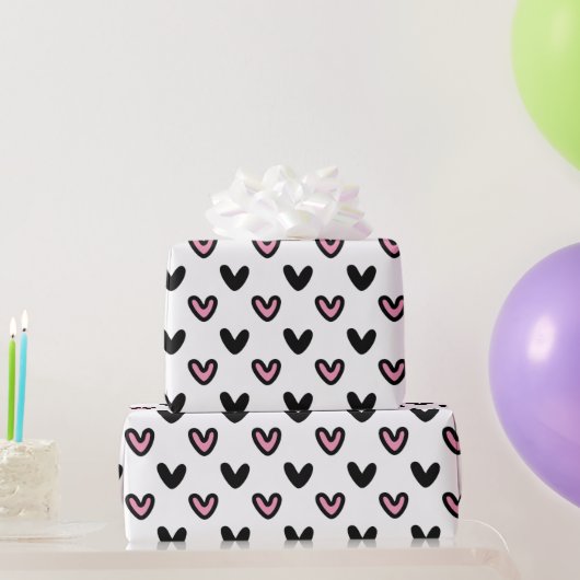 Weiß mit rosa und schwarzen Herzen Geschenkpapier (Partygeschenke)